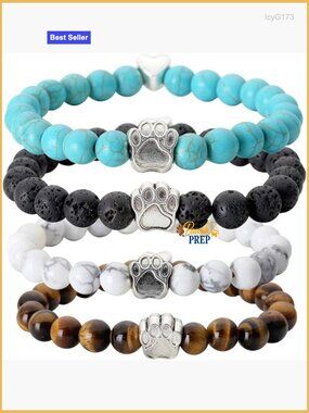 4pc Stretch Bracelet Set with Healing Crystals and Paw Charm